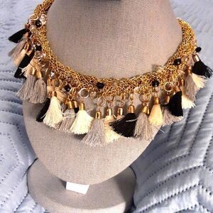T&J DESIGNS Statement Necklace Gold Chainmail Rope Tasseled B&W Danglers 13"-15"